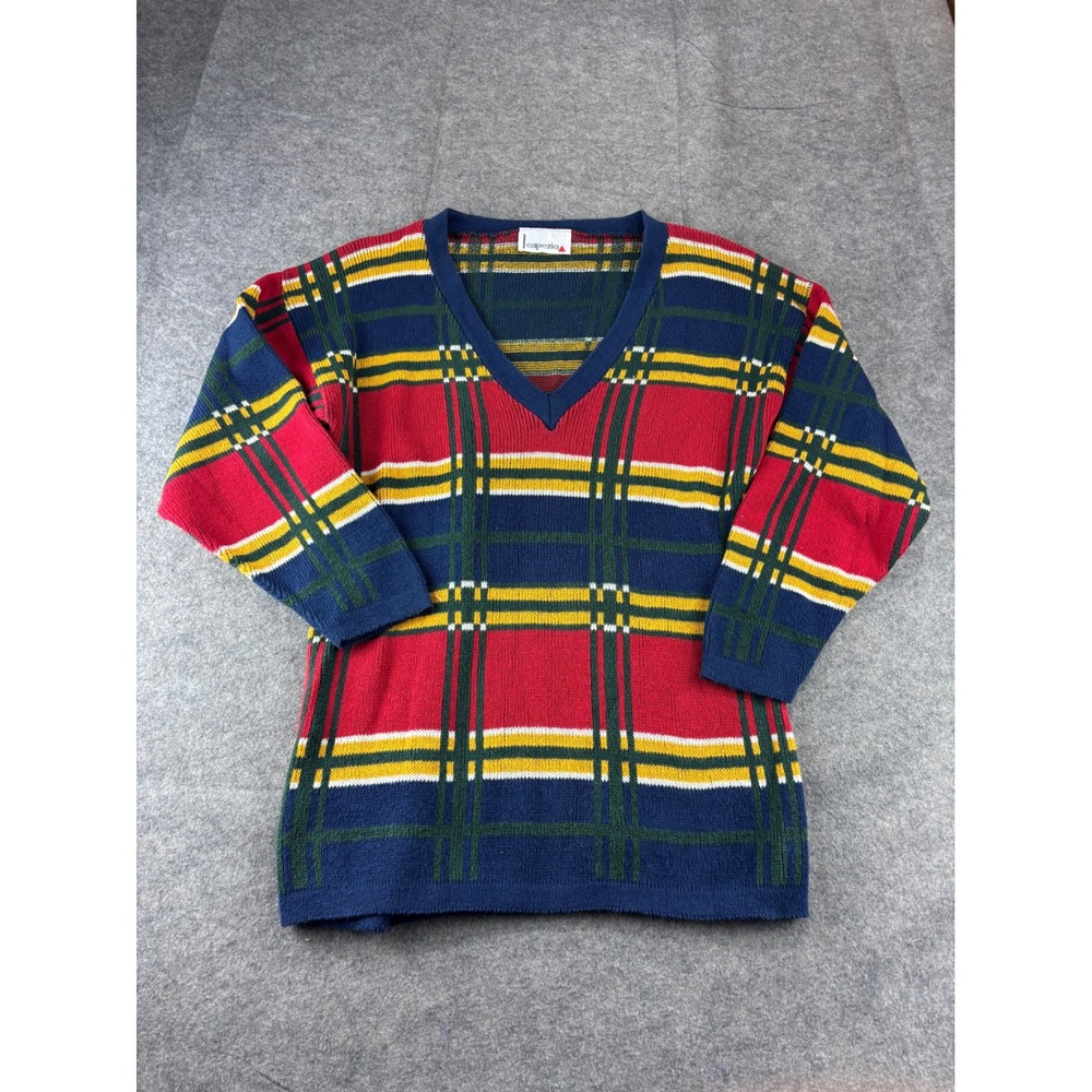 Capezio VTG Womens M Multi-Color Plaid V-Neck Cotton Knit Sweater Made in USA